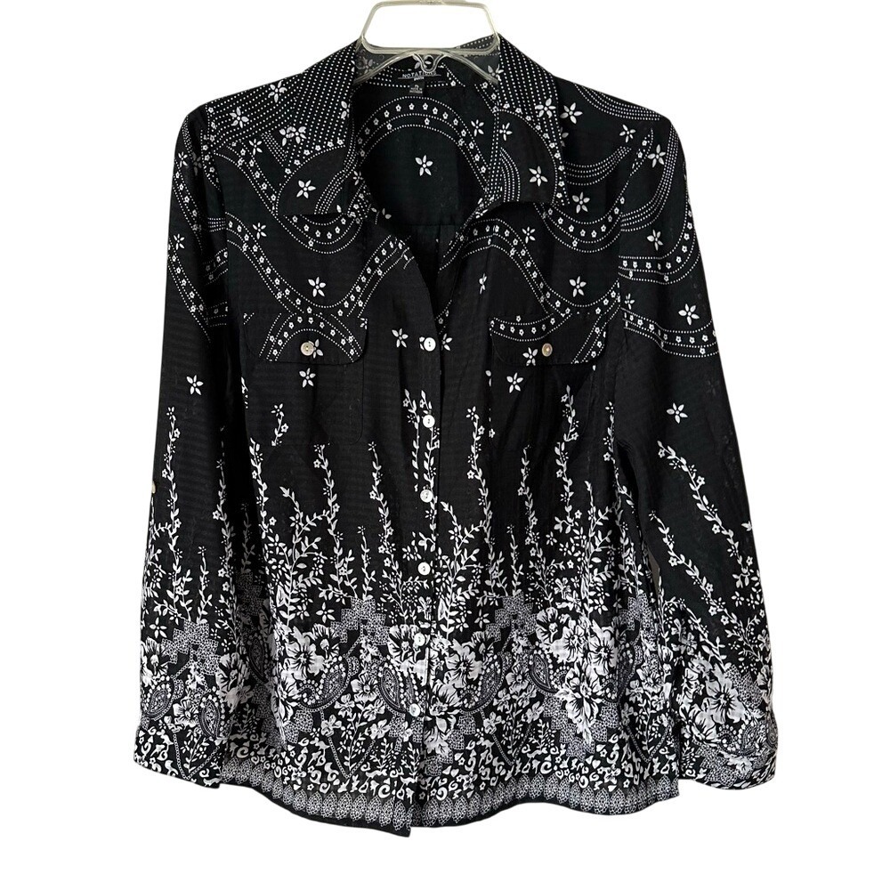 3/$20💥 Notations Black White Floral Button Down Shirt Office‎ Cottage Western